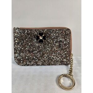 KATE SPADE Odette L-Zip Pewter Glitter Card Holder Key Ring Coin Case